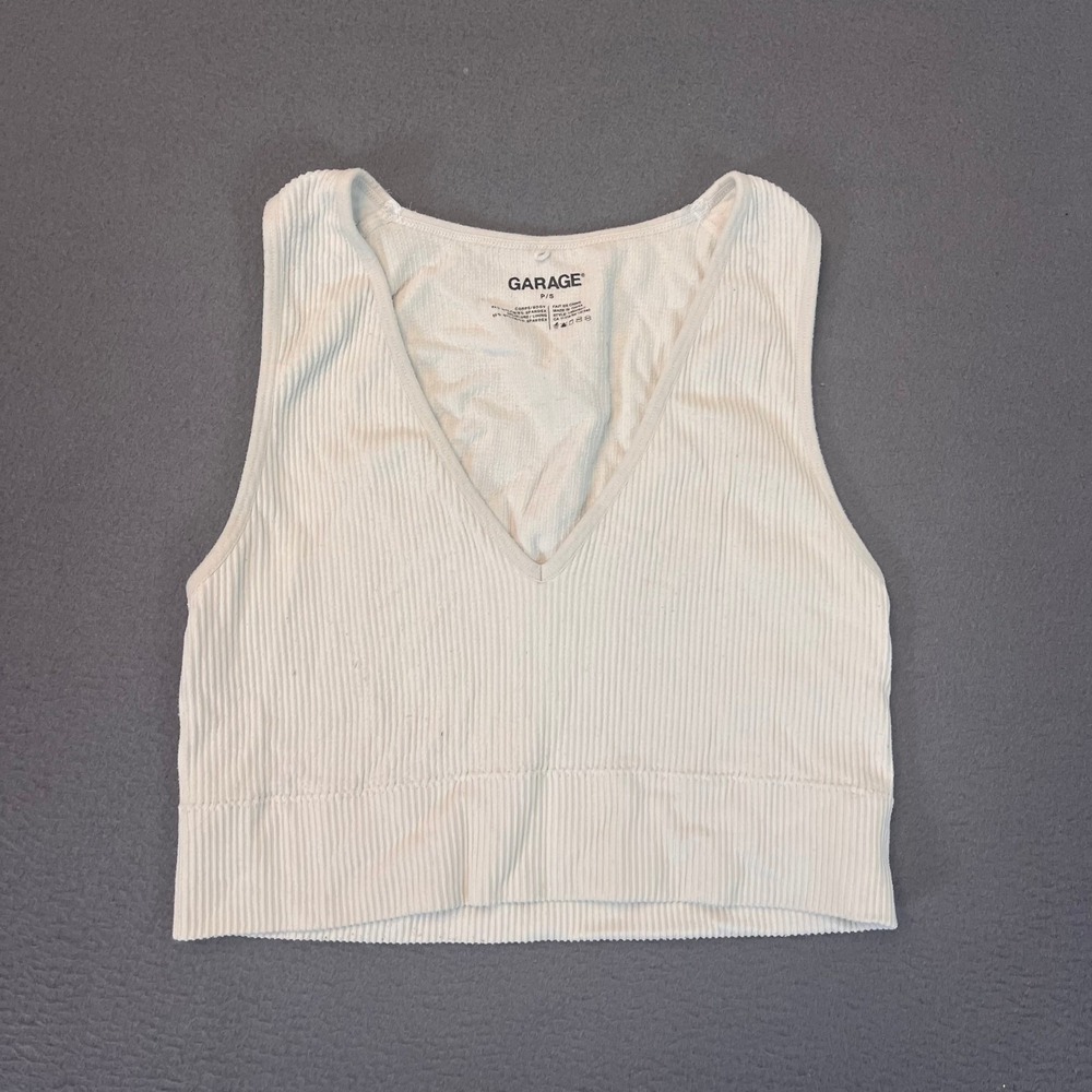 Garage Womans Sz Sm Crop Tank Top White V Neck Ribbed Cotton Basic Shirt Casual
